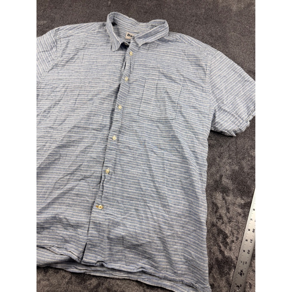 Barbour Mens Regular Fit Linen Cotton Striped Short Sleeve Shirt Blue Large XL